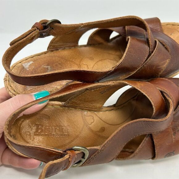 Born Women's Chestnut Brown Leather Slingback Wedge Sandals Size 9 Comfort - Picture 12 of 14